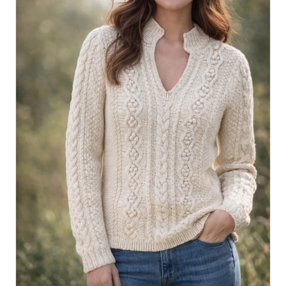 WinterSilks Cotton Blend Sweater S Ivory Chunky Cable Knit Western Boho Cowgirl